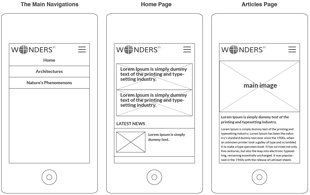 mobile wireframe for wonders21